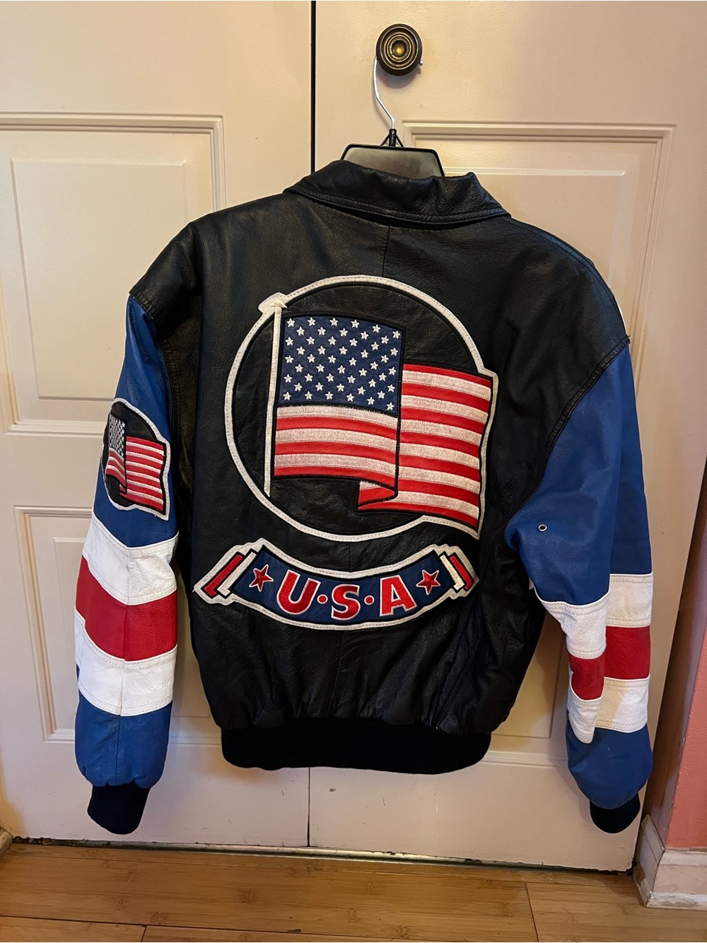 USA Flag Leather Bomber Jacket - Black, Blue & Red